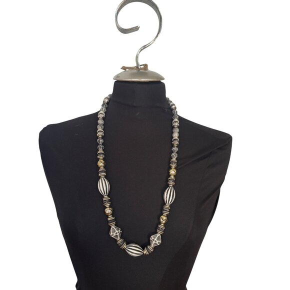 Handcrafted Black & White Beaded Necklace With Gold Accents - 28" Long - Picture 1 of 7
